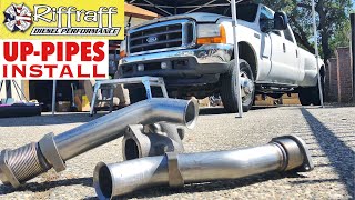 2001 F350 73  RiffRaff UpPipes Install  Stock up pipes leaking and falling apart JUNK SP [upl. by Latoye]