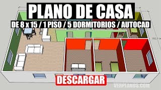 Plano de casa simple de 8x15 mtrs y 5 dormitorios 🤩 ¡Para Descargar [upl. by Macleod893]